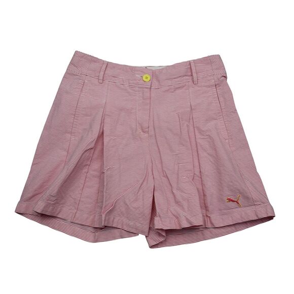 Puma Shorts Womens Pink White Striped High Rise Pocket Button Zip Pleated Chino - Picture 1 of 12